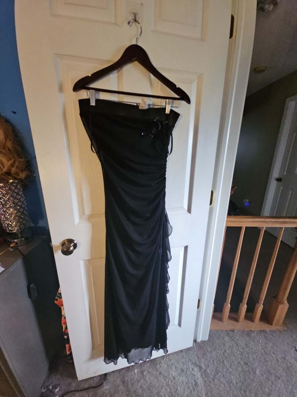 City Triangles Black Strapless Ruched Formal Dress with Beaded Flower and Ruffle
